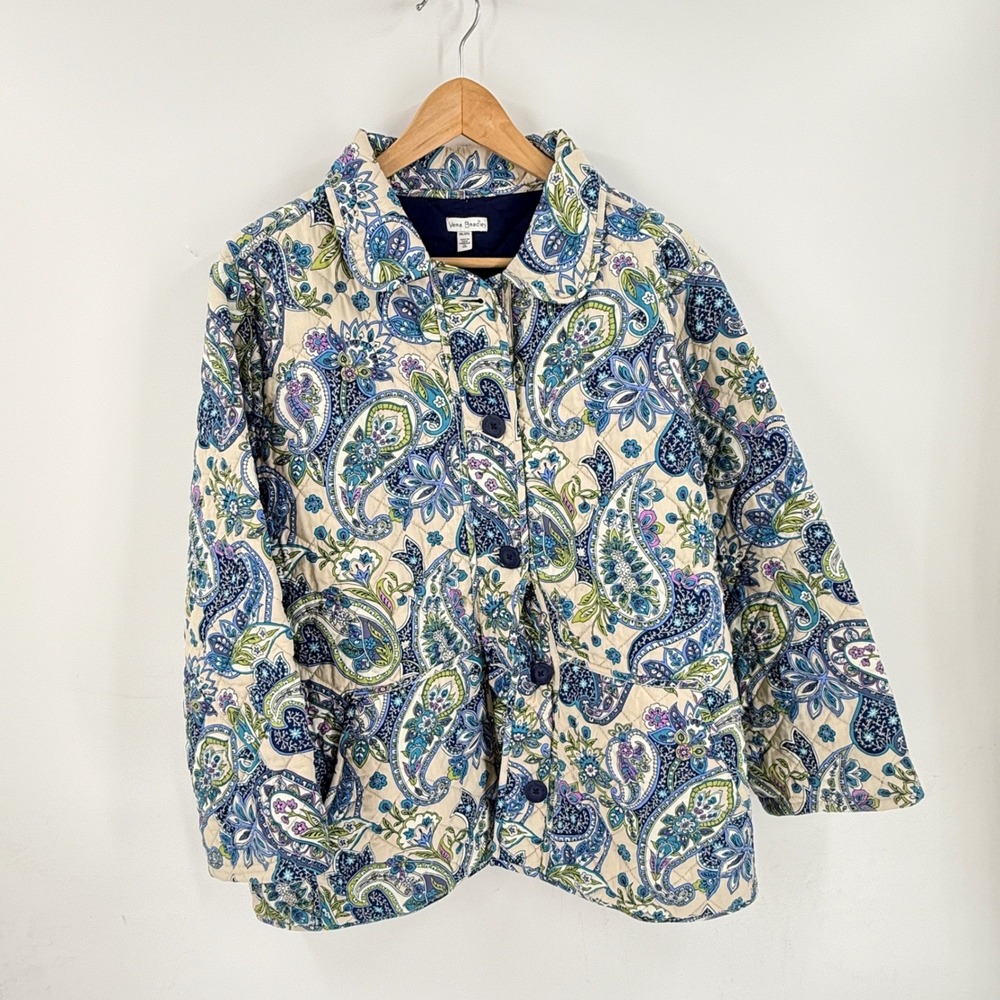 Vera Bradley Quilted Jacket Blue 2XL Paisley Cotton Button Up Plus Size Boho